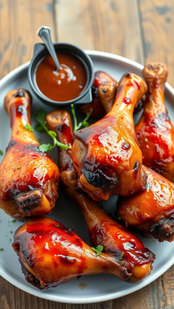 Smoked chicken drumsticks on a plate with barbecue sauce and herbs.